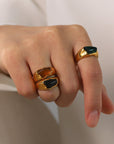 18K Gold Black, Green or Amber Colored Natural Stone Ring