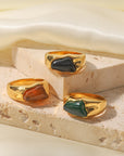 18K Gold Black, Green or Amber Colored Natural Stone Ring