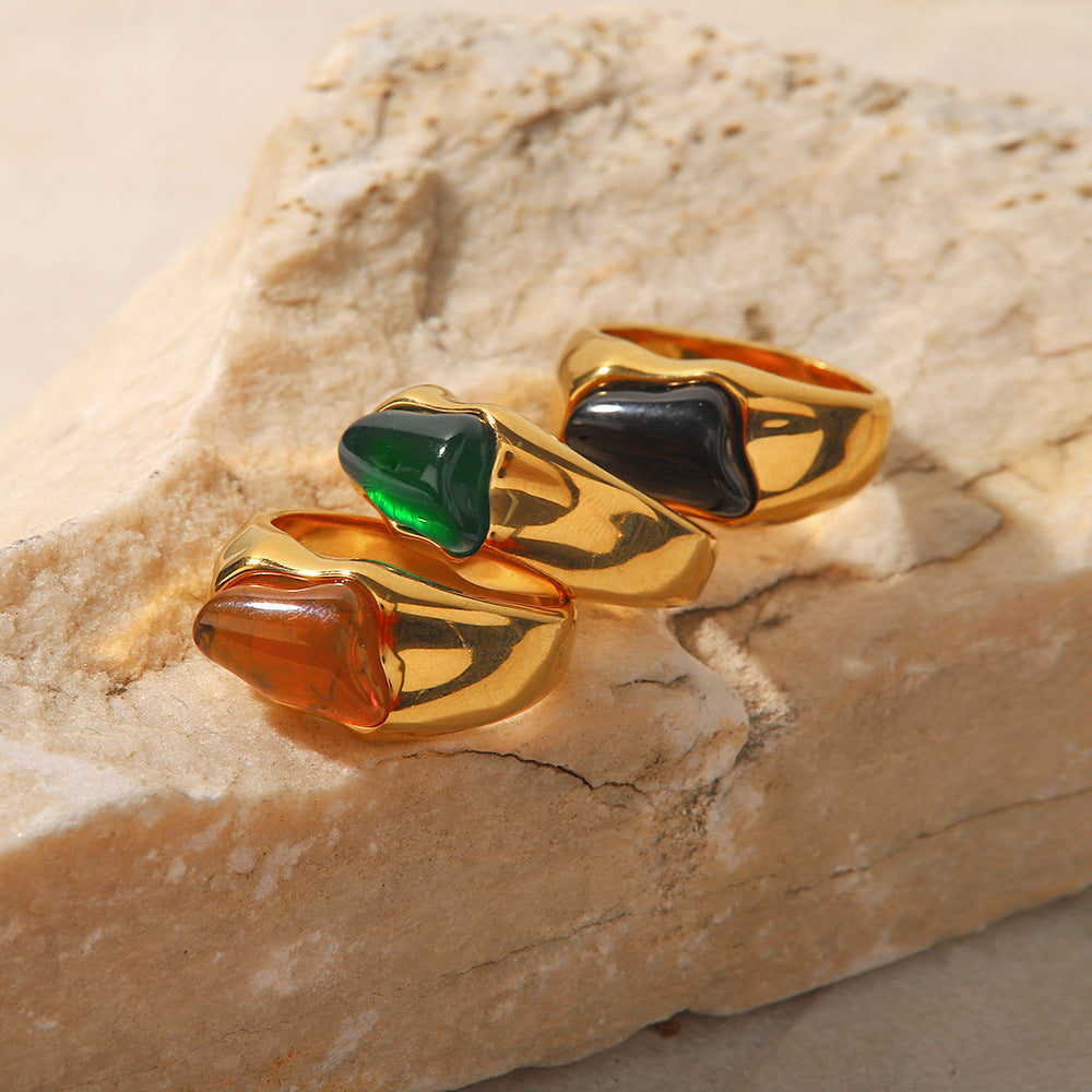 18K Gold Black, Green or Amber Colored Natural Stone Ring