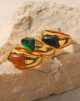 18K Gold Black, Green or Amber Colored Natural Stone Ring