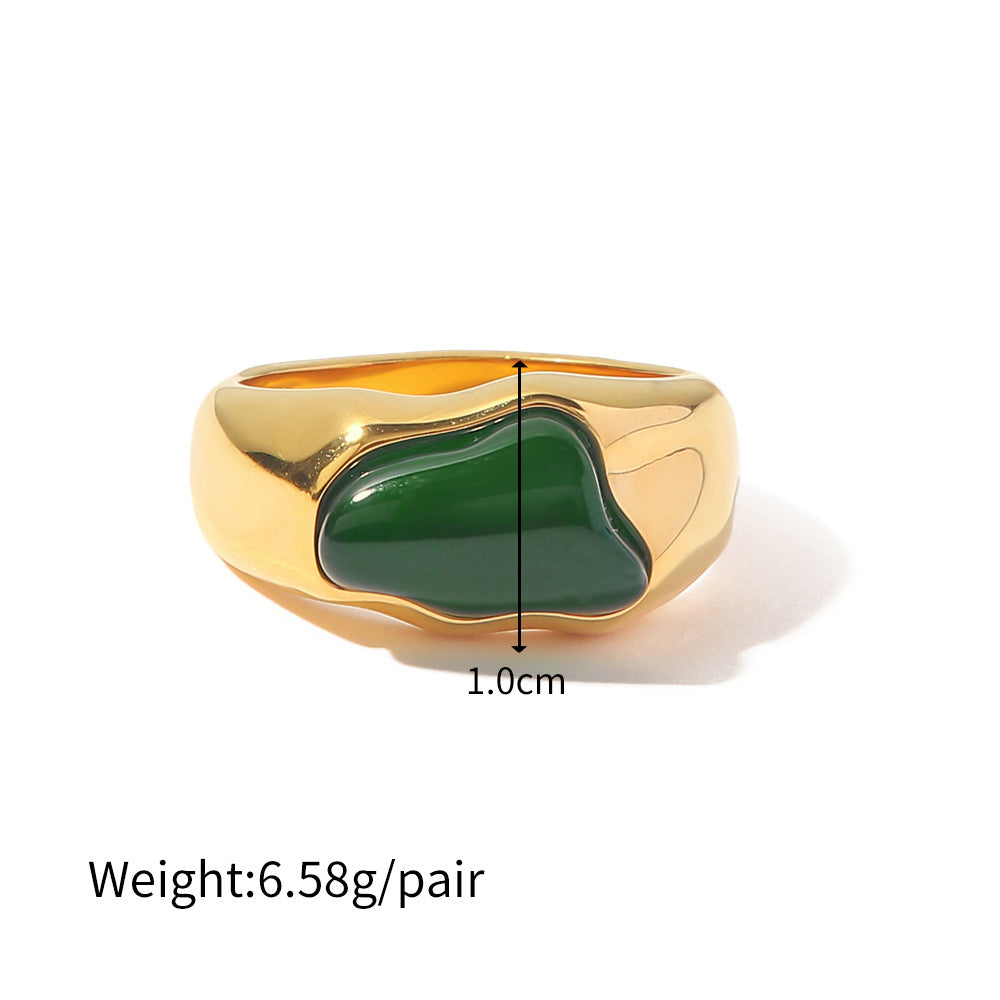 18K Gold Black, Green or Amber Colored Natural Stone Ring